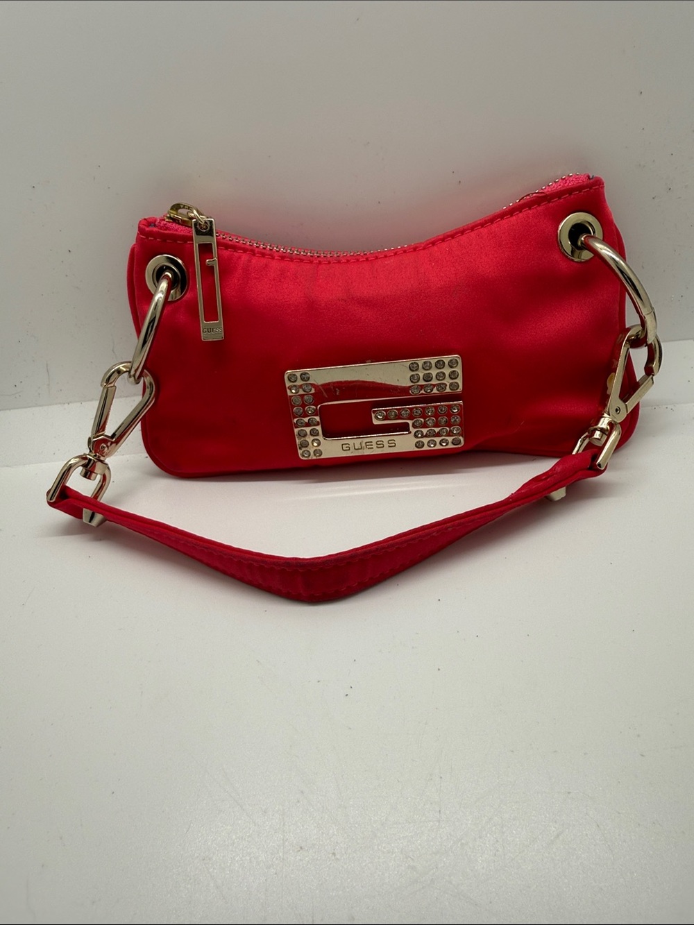GUESS Red Satin Crystal G Logo Wristlet with Gold Hardware